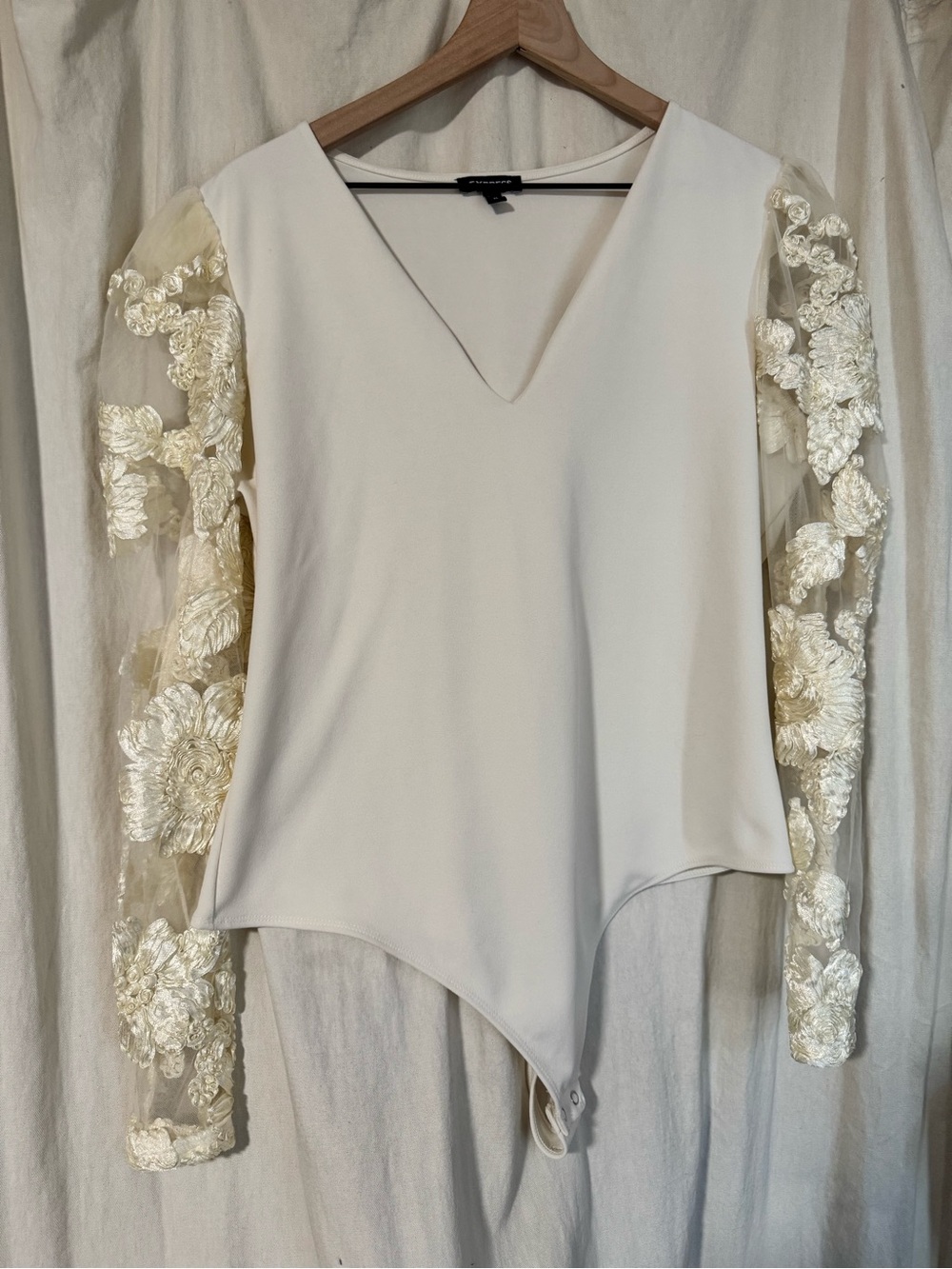 Express Cream Floral Appliqué V-Neck Jumpsuit